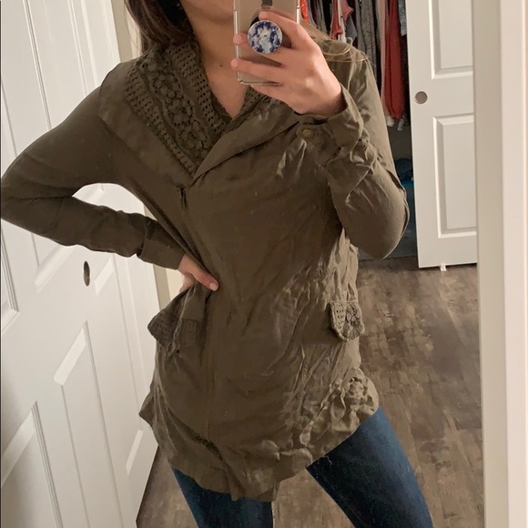 Dark Olive Green Light Jacket with Floral Decor - Picture 1 of 4